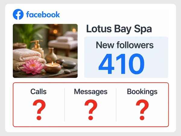 Lotus Bay Spa Facebook report shows 410 new followers, while Calls, Messages, and Bookings each contain a red question mark inside a red outline.