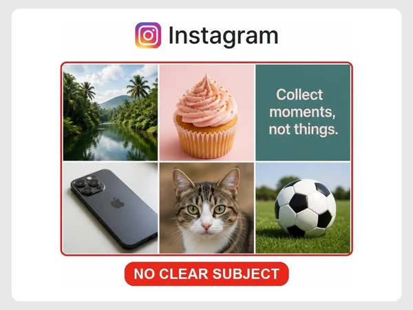 Borneo Trails shows an Instagram grid mixing a jungle river, cupcake, quote, phone, cat, and football.