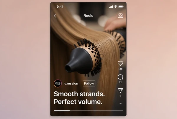 A vertical hair salon clip in Instagram Reels with large burned in captions