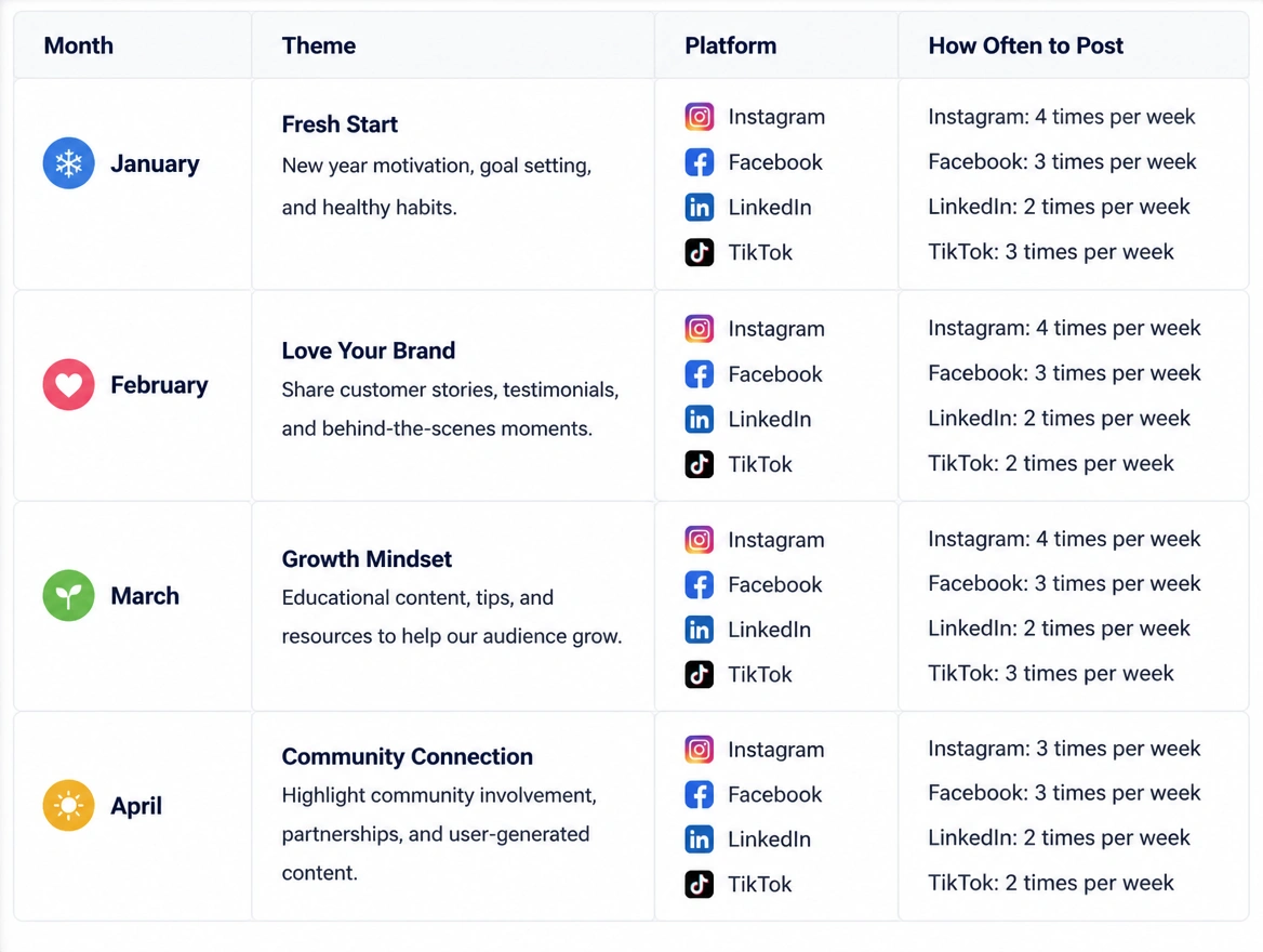A written social content plan listing each month's theme, platform and how often to post