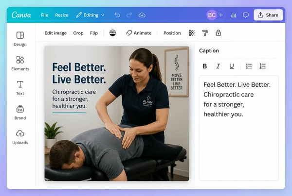 A chiropractic clinic social post being designed in Canva beside its written caption