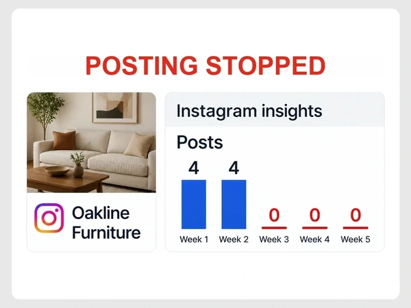 Oakline Furniture shows weekly Instagram post counts of four, four, zero, zero, and zero.