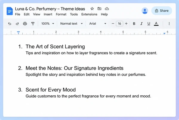 A Google Docs page listing three posting themes taken from a perfumery business