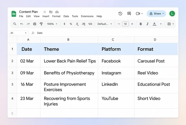 A Google Sheets content plan for a physiotherapy practice with four rows of theme, platform and format