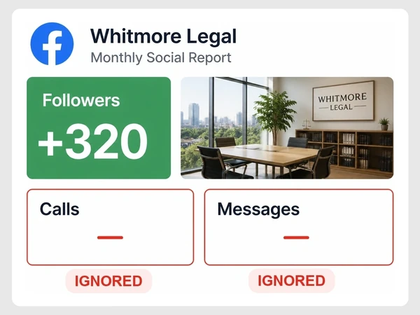 Whitmore Legal reports 320 new Facebook followers while Calls and Messages show red dashes.