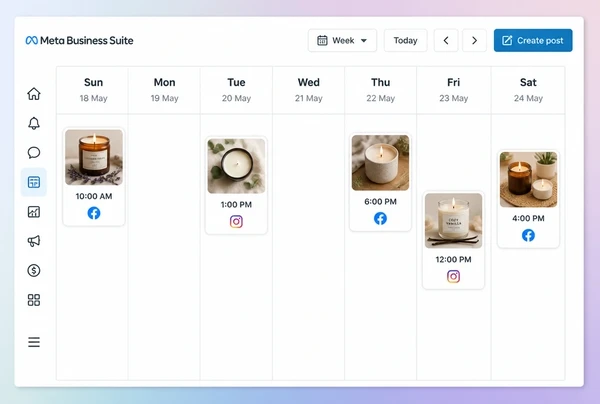 A Meta Business Suite Planner week holding five scheduled candle maker posts