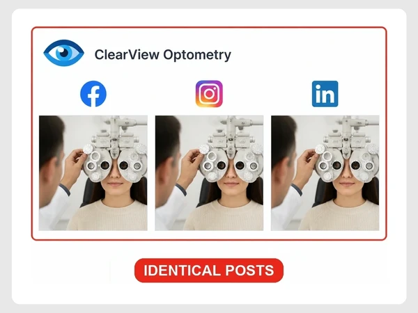ClearView Optometry shows the identical eye exam image and text on Facebook, Instagram, and LinkedIn.