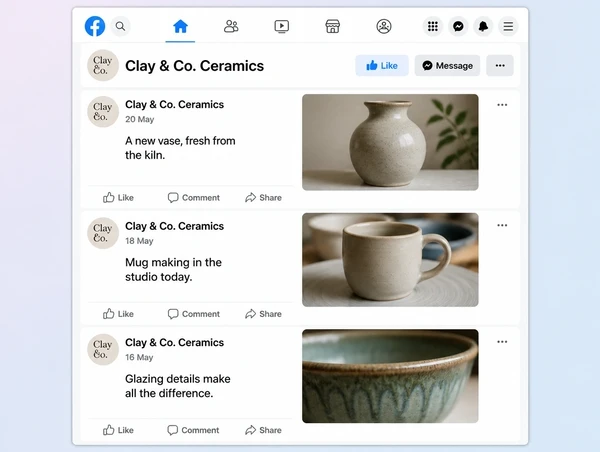 Three recent posts on a ceramics studio Facebook Page dated days apart