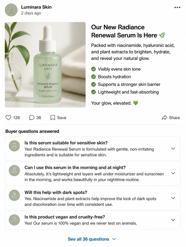 A skincare brand page post showing a new serum with buyer comments answered underneath