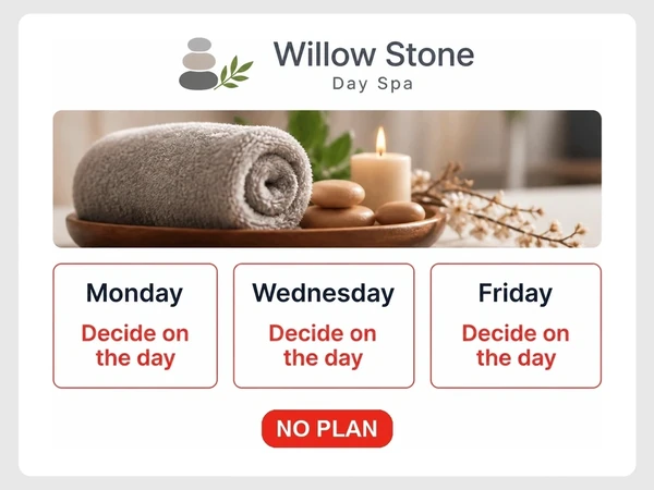 Willow Stone Day Spa shows Monday, Wednesday, and Friday posts each marked Decide on the day.