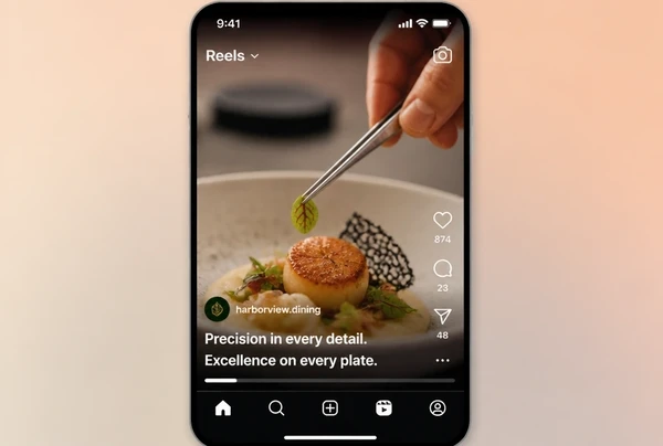 A vertical fine dining restaurant clip in Instagram Reels with large burned in captions