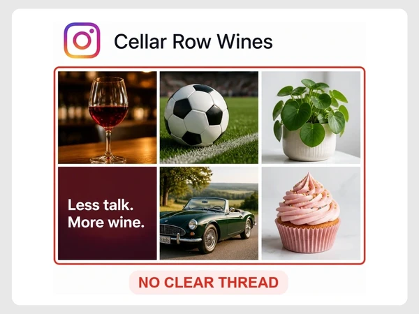 Cellar Row Wines shows an Instagram grid mixing wine, football, a plant, quote, car, and cupcake.