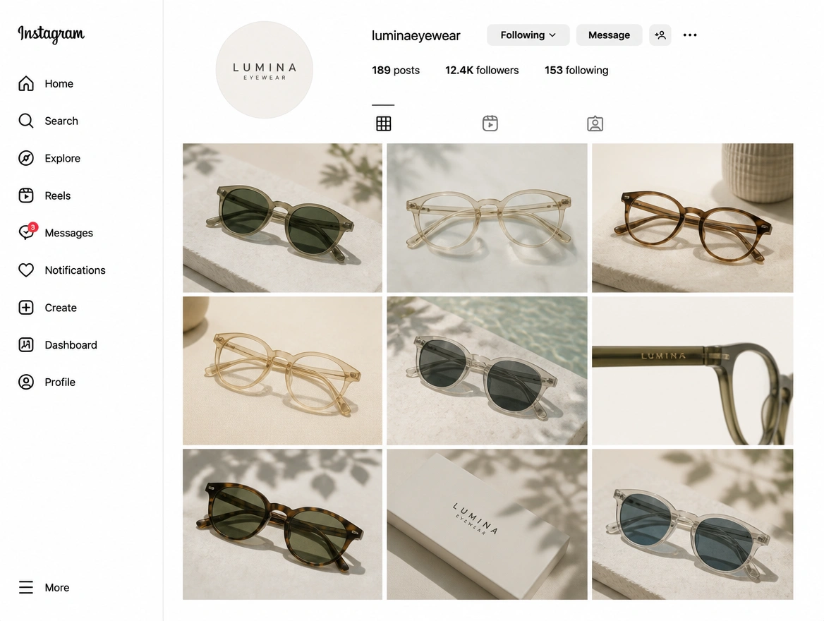 An Instagram business profile grid for an eyewear brand with nine posts in one consistent style
