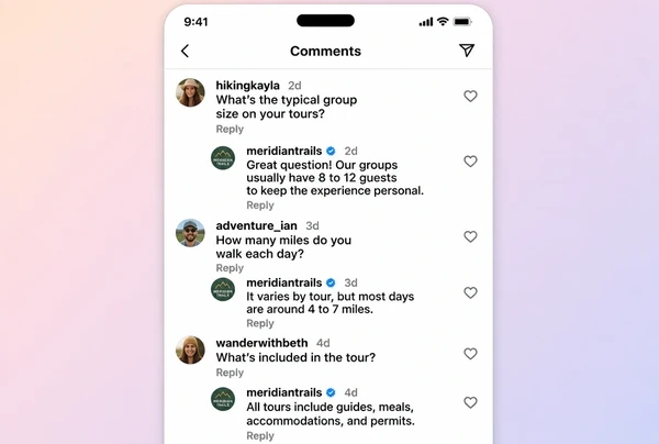 Three comments under an Instagram travel post, each with a short reply from the brand