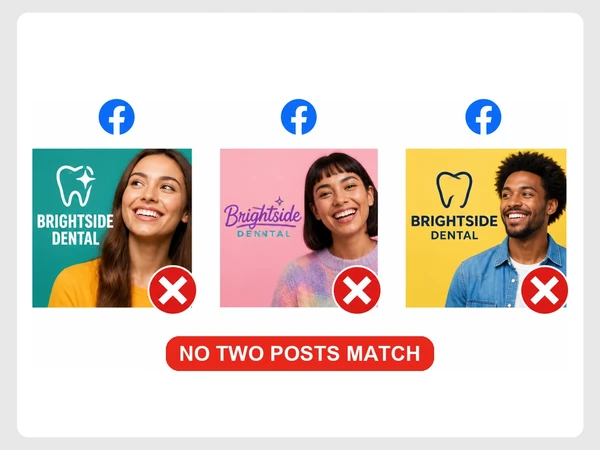Brightside Dental Facebook posts use clashing colors, different fonts, and three different logo versions.