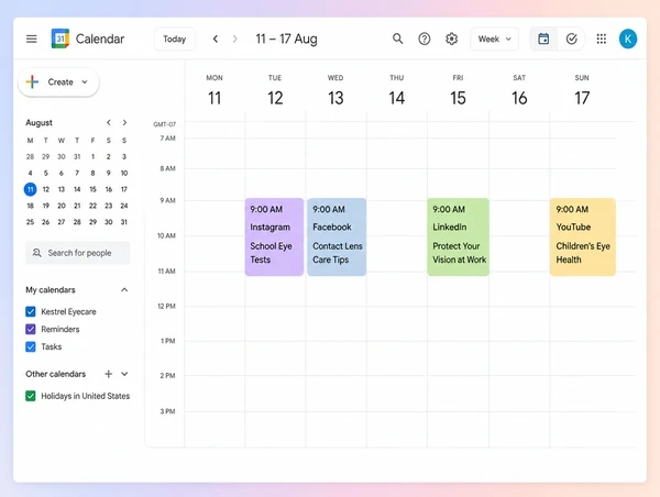 A Google Calendar week holding four planned posts, each naming a platform and a topic