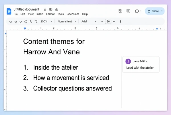 A Google Doc listing three content themes for a watch brand, with a comment in the margin