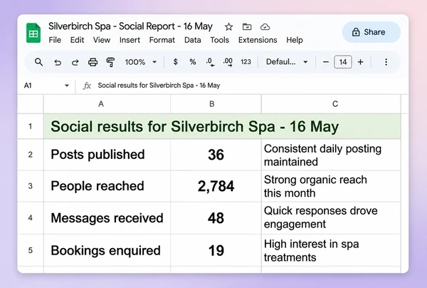 A Google Sheets social report with four rows covering posts, reach, messages and enquiries