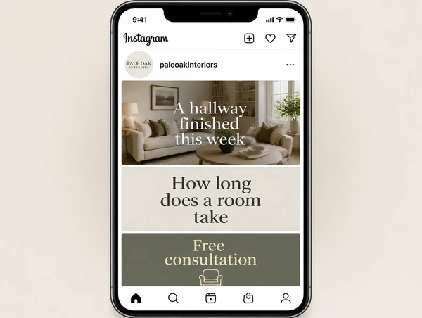 Three interior design posts in the Instagram feed: finished work, a question and an offer