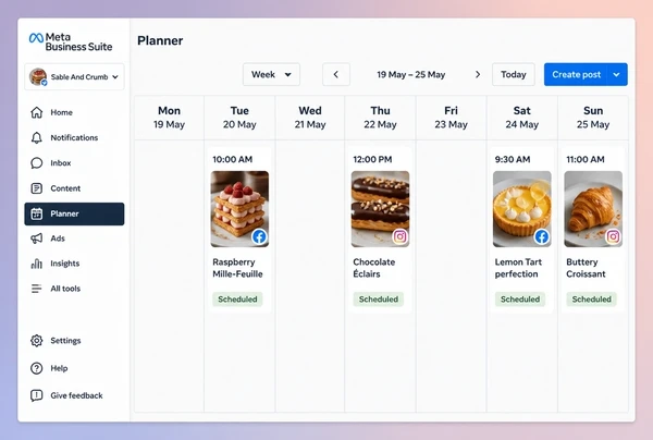 A Meta Business Suite planner week holding four scheduled patisserie posts marked with times