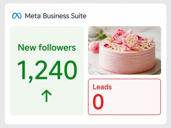 Maison Petal Meta results show 1,240 new followers while the red Leads tile remains zero.