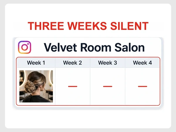 Velvet Room Salon Instagram calendar shows one post followed by three silent weeks.