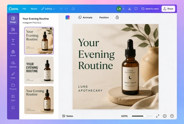A skincare social post open in the Canva editor with three alternative layouts beside it
