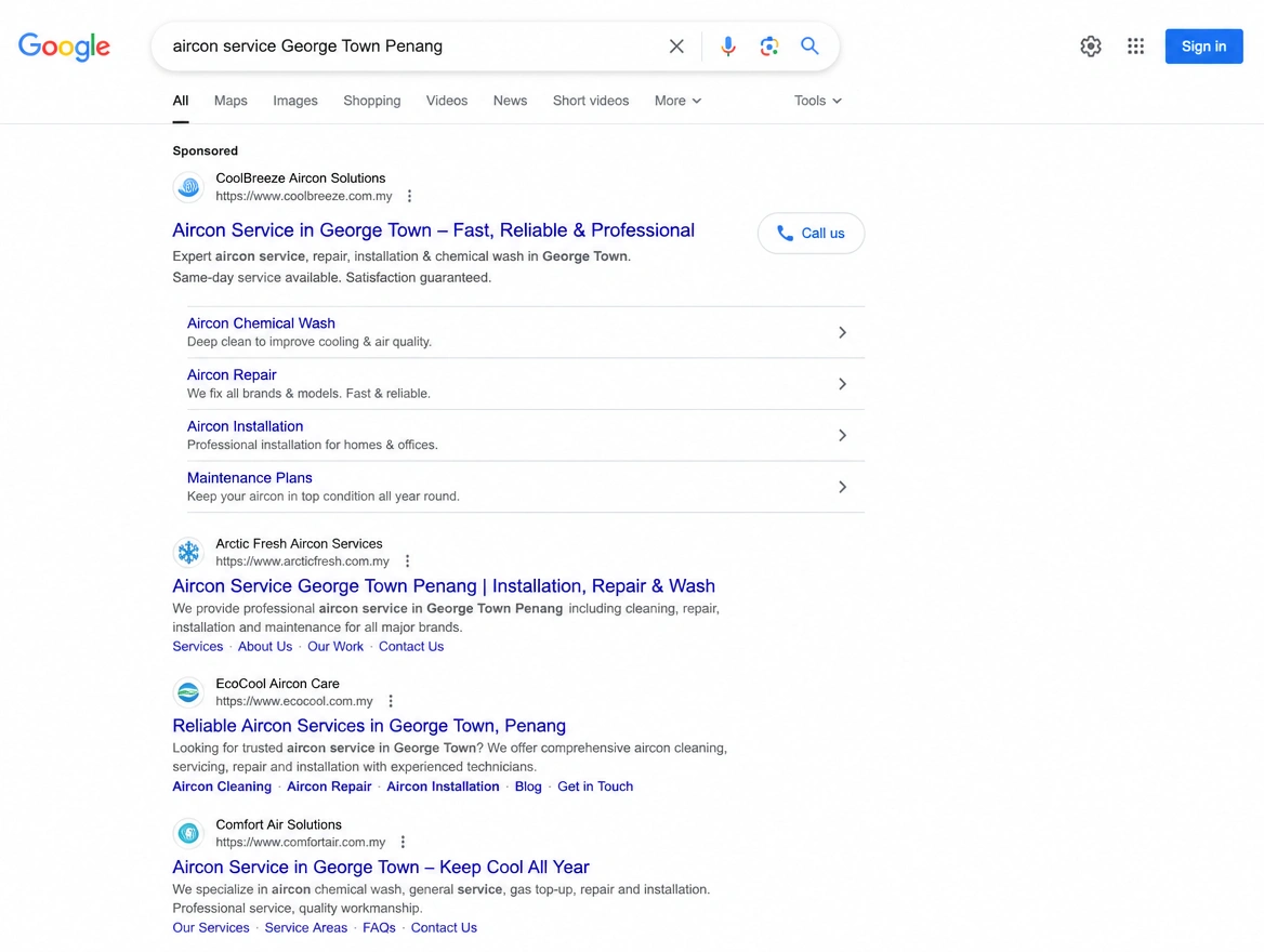 A search results page where a local service appears first with a call button