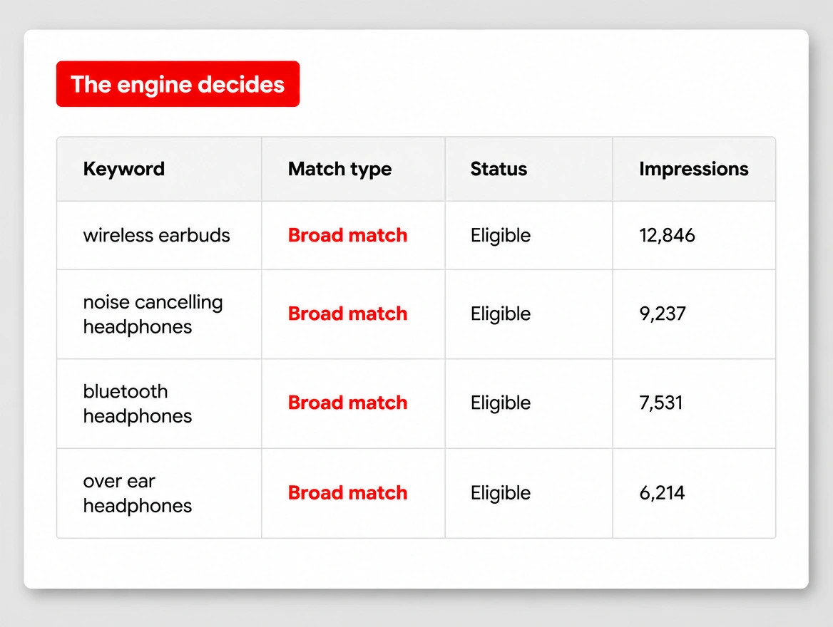 A keyword list where every keyword is set to broad match