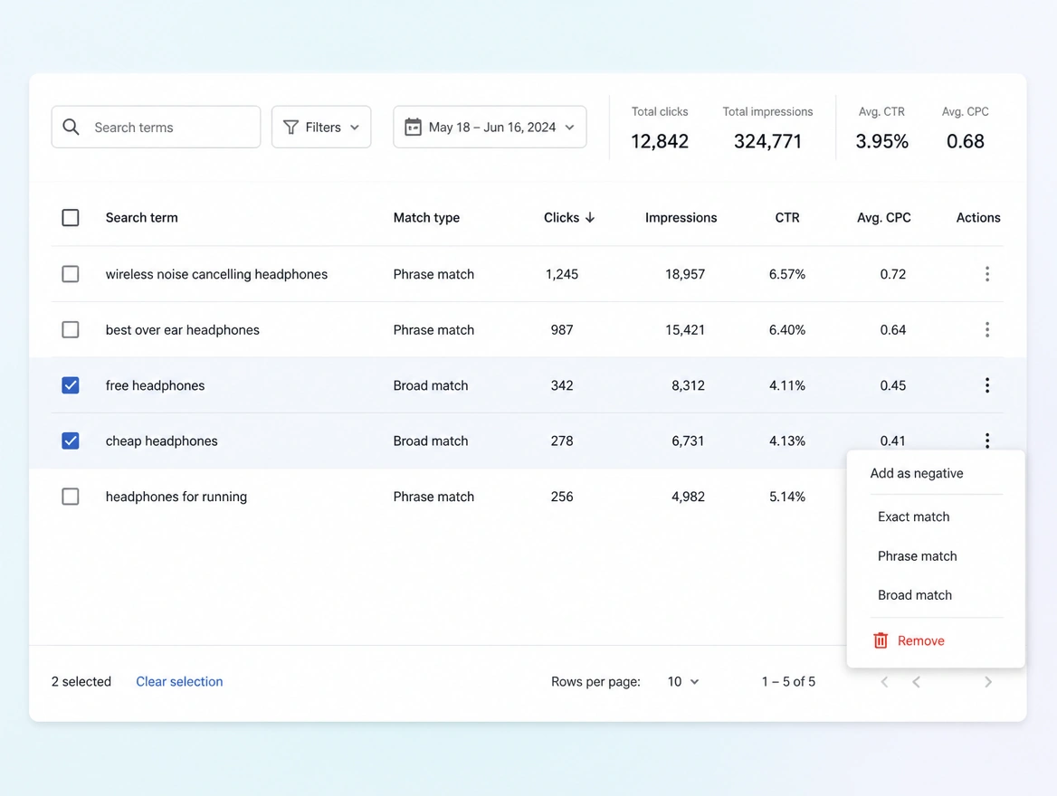 Website mockup showing search term cleaning