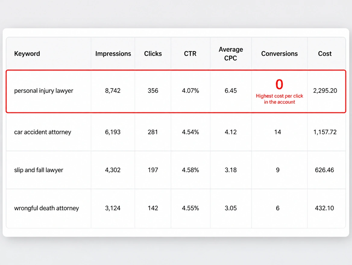 A keyword row with a high cost per click and zero conversions marked in red