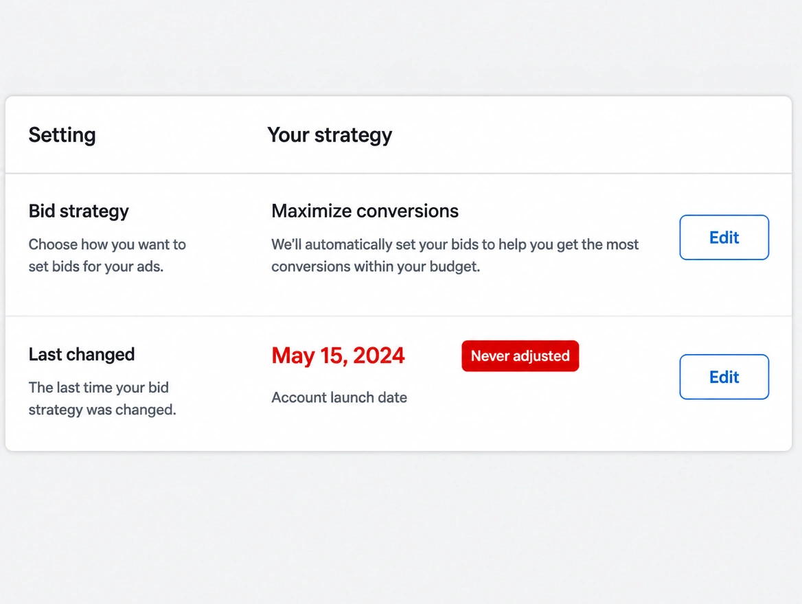 A bid strategy panel showing a bid last edited at launch, dated in red