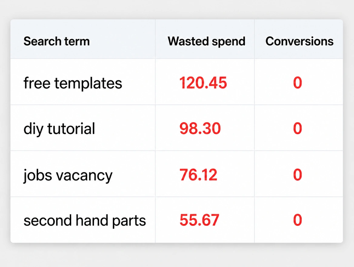 A search terms report with a wasted spend column beside zero conversions