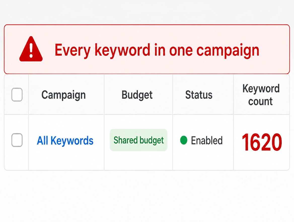 A campaign table holding one campaign with every keyword on a shared budget