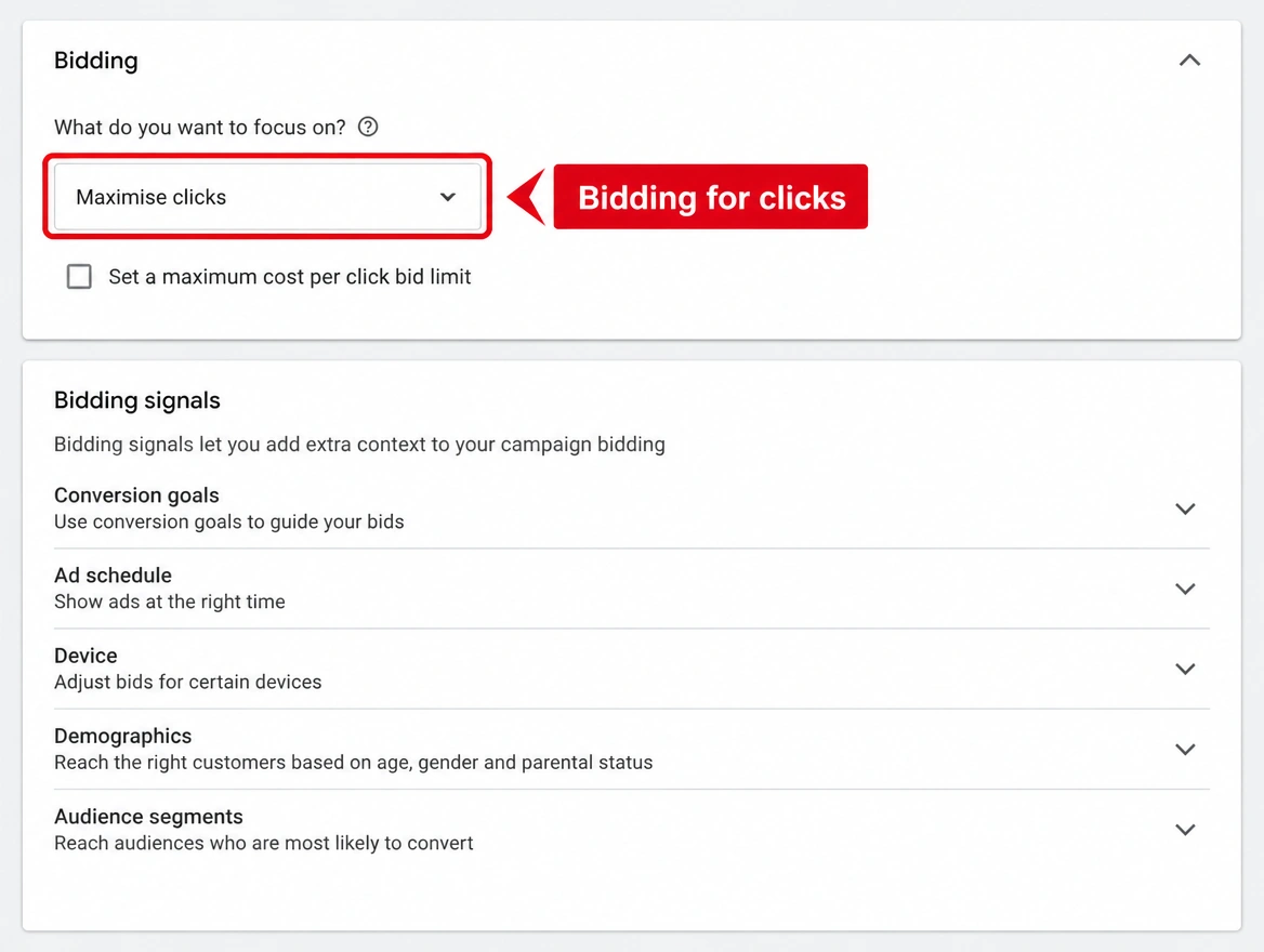 A bidding panel set to maximise clicks rather than conversions