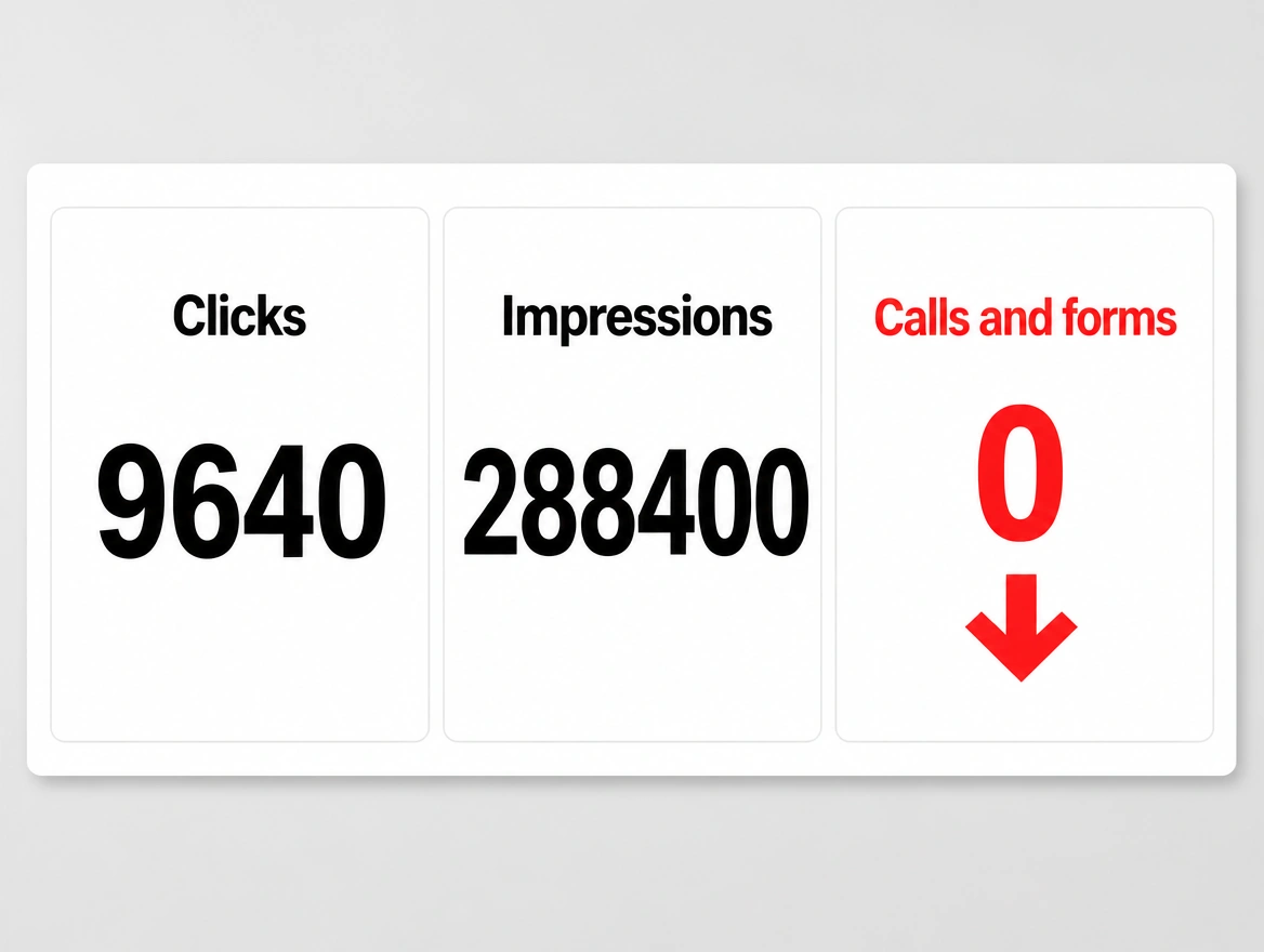 A report card showing clicks and impressions beside zero calls and forms
