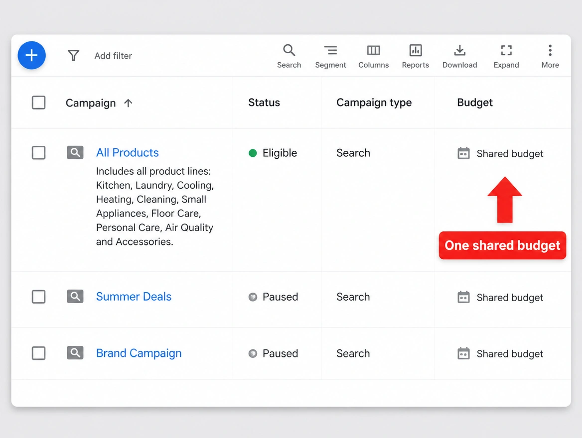 One campaign holding every product line, its shared budget flagged in red