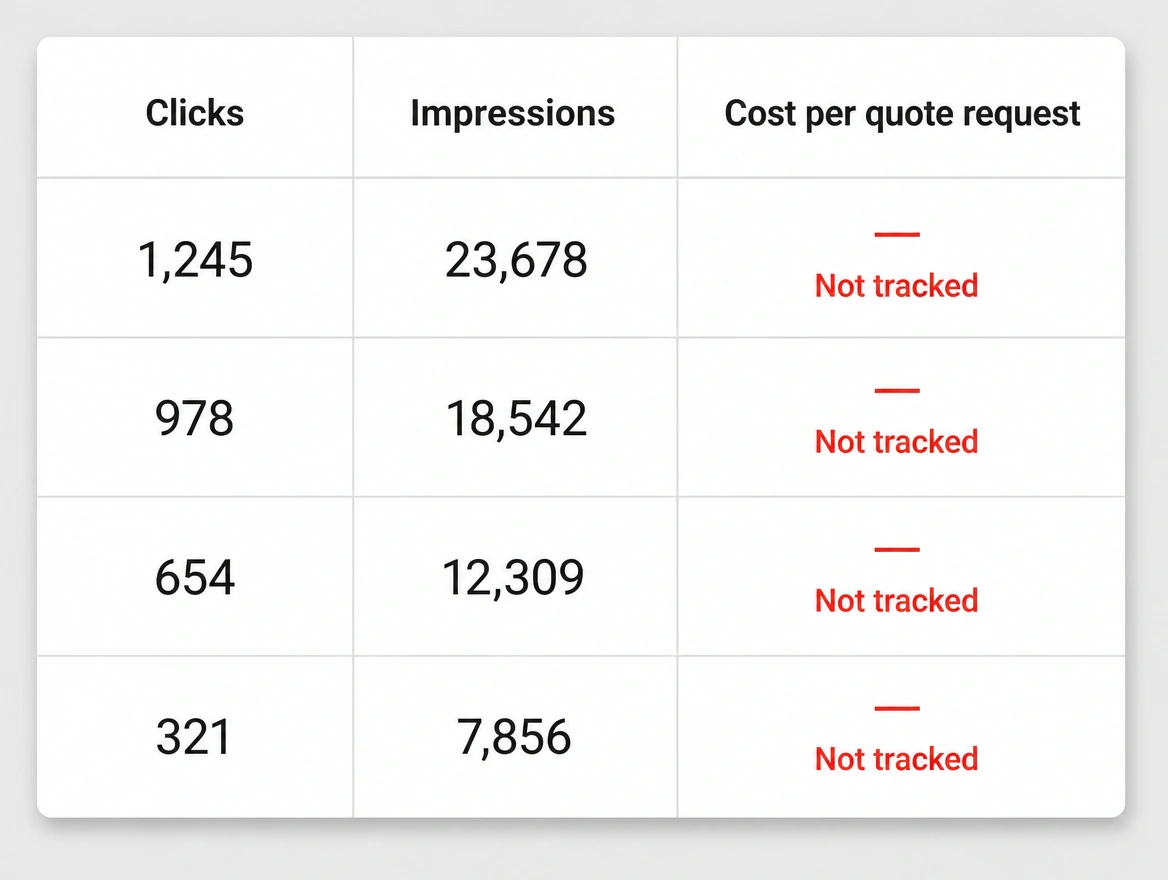 A report showing clicks and impressions with the cost per request column empty in red