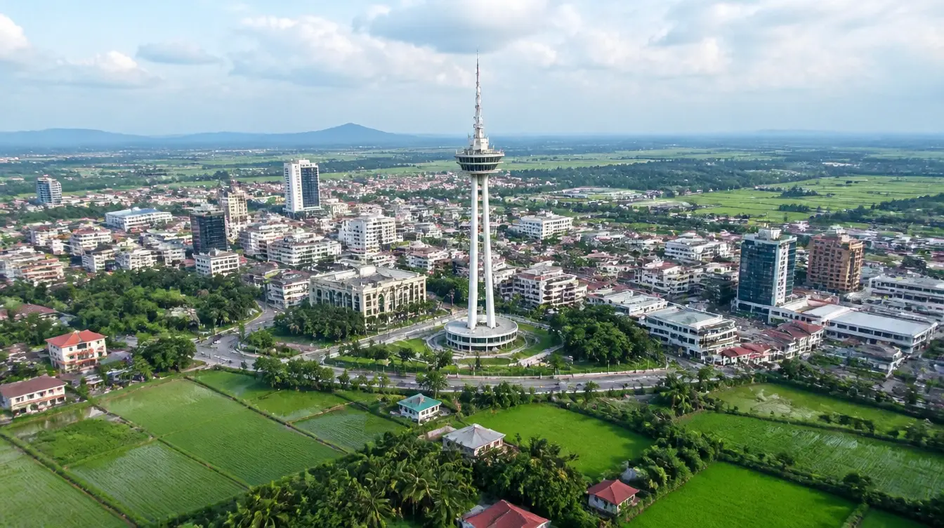 An overview of Alor Setar in Kedah with its tower above the surrounding paddy fields