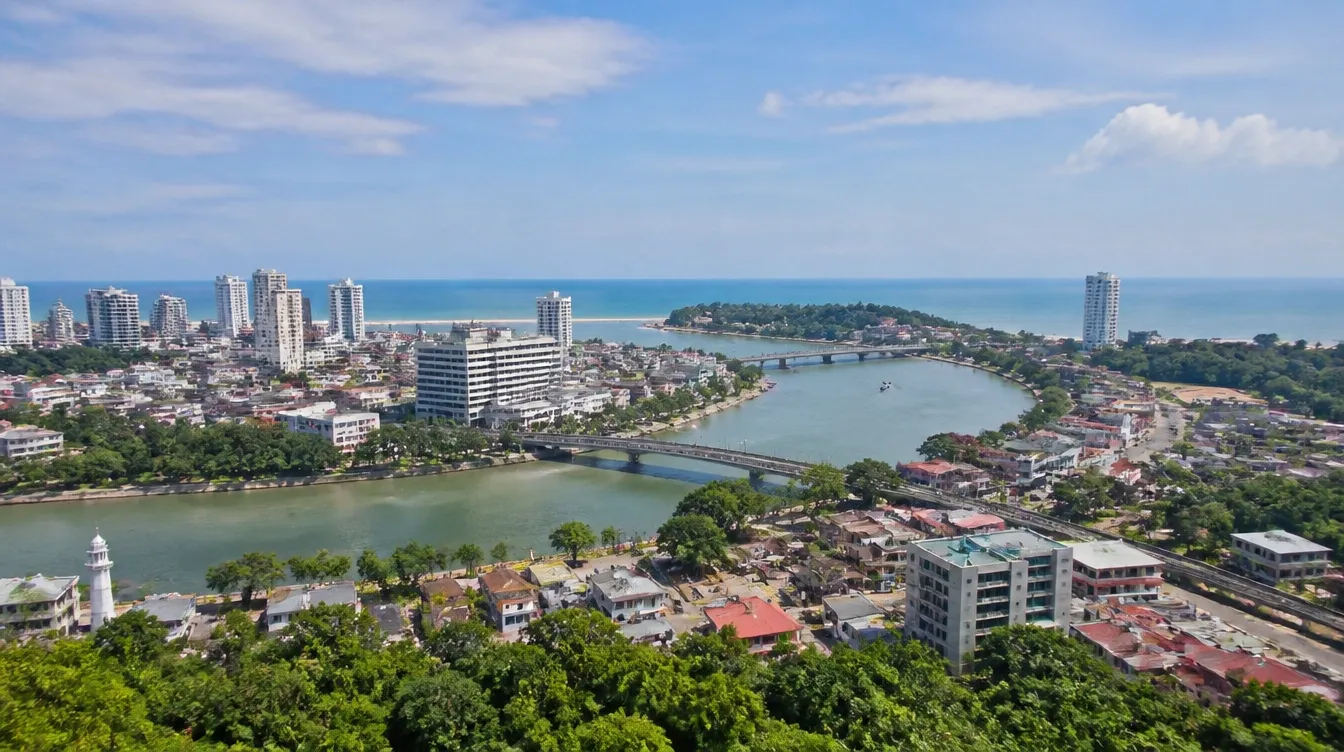 An overview of Kuantan in Pahang beside the river mouth with the coast beyond