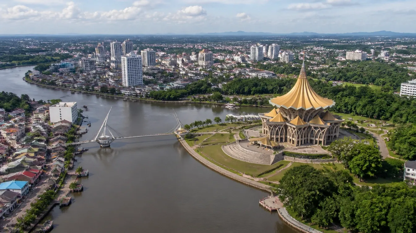 An overview of Kuching in Sarawak with the waterfront and the state assembly building