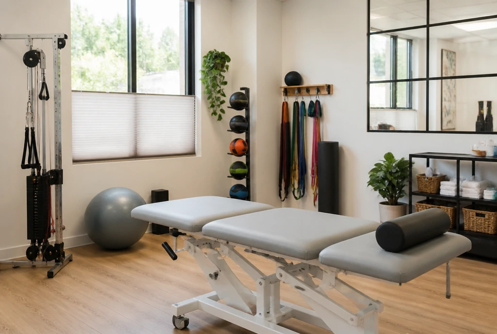 A bright physiotherapy treatment room with a plinth, exercise ball and resistance bands
