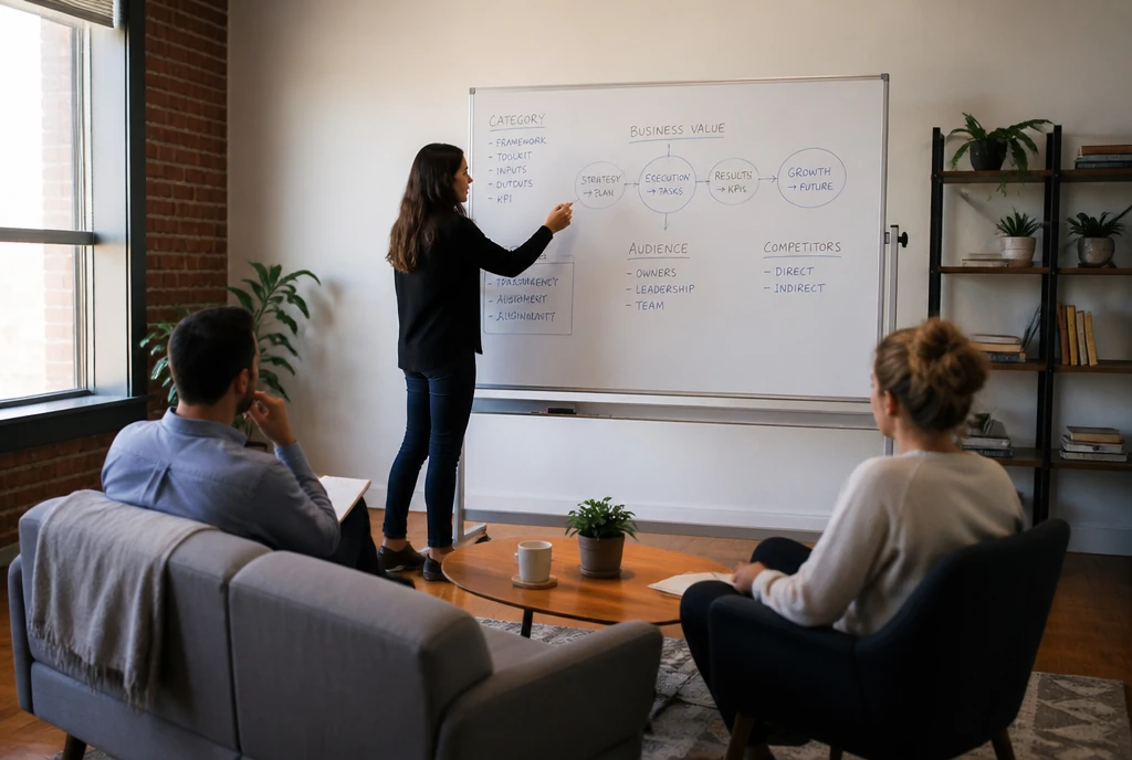 A consultant working through a strategy diagram on a whiteboard with two clients