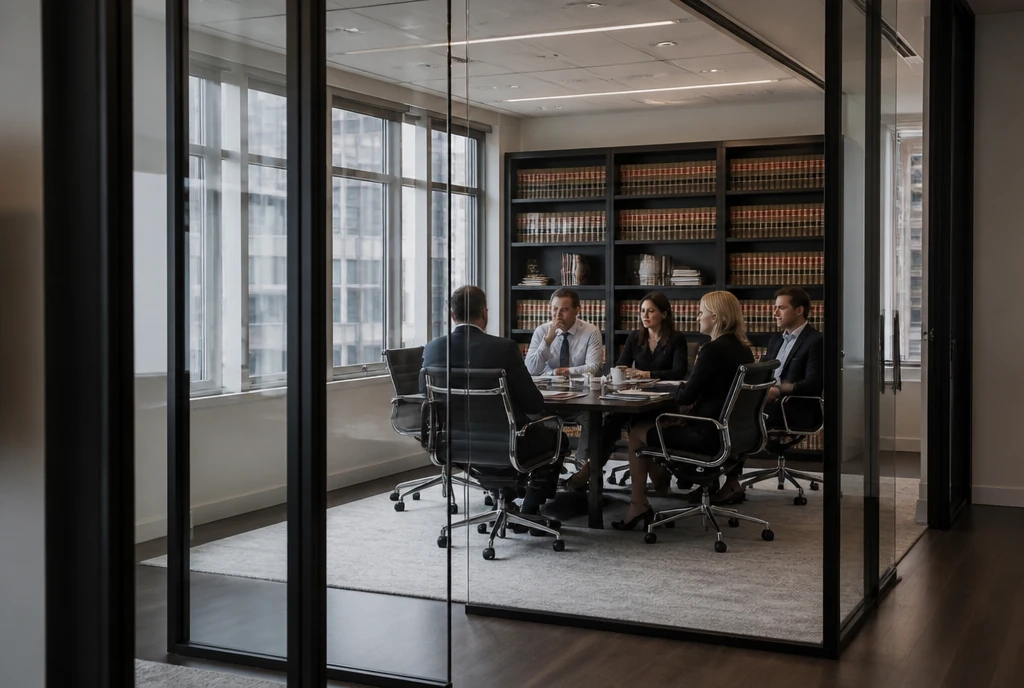 A law firm meeting around a boardroom table seen through a glass office wall