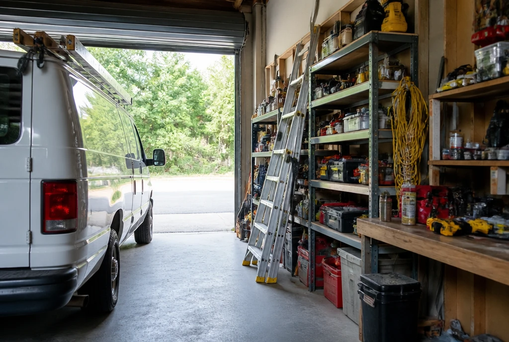 A trades work van parked in an open garage beside shelves of tools and ladders