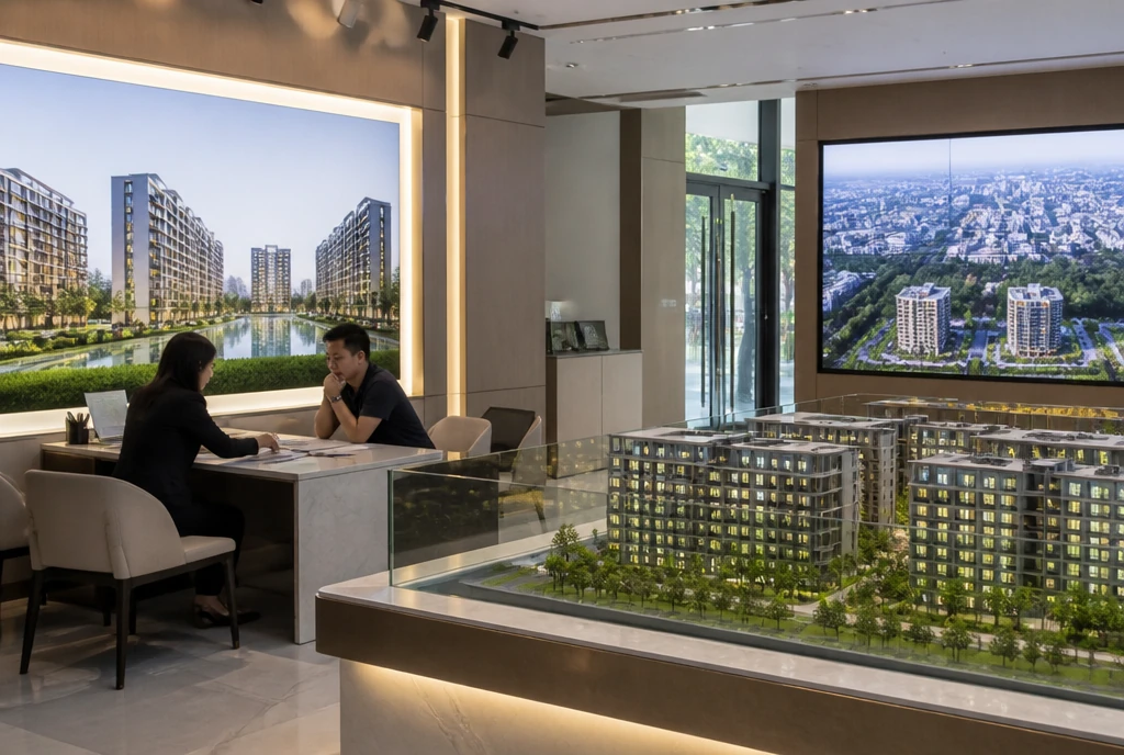 A property agent meeting a buyer in a sales gallery beside a scale model of a development