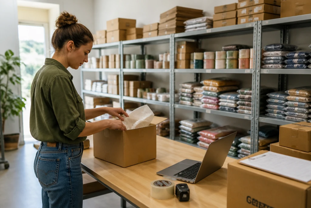 An online store owner packing a customer order at a bench beside stocked shelves