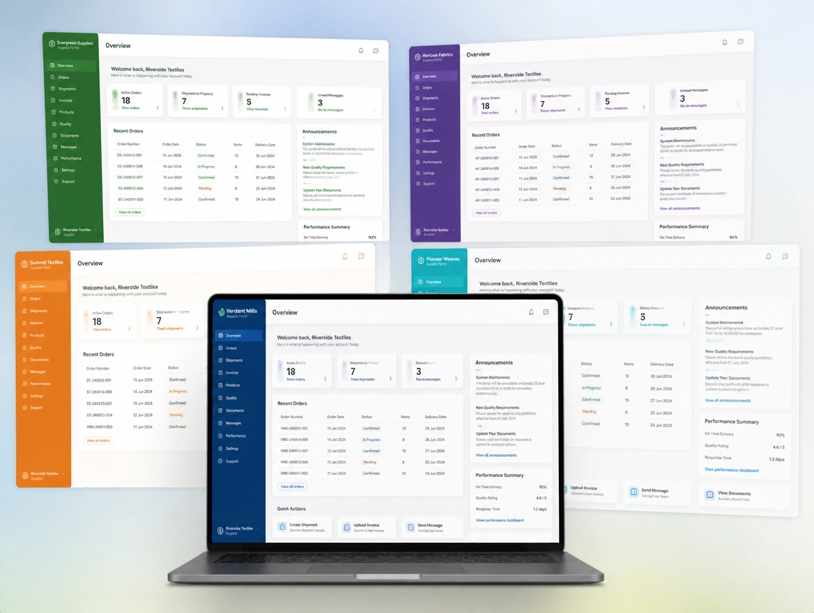 A laptop with four colour variations of the same supplier portal page floating up behind the screen
