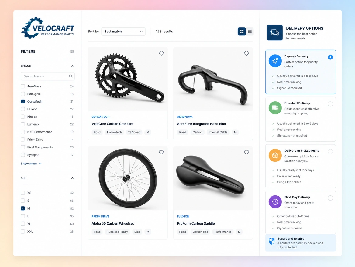 A cycling parts shop listing with brand and size filters, beside a panel of four delivery choices