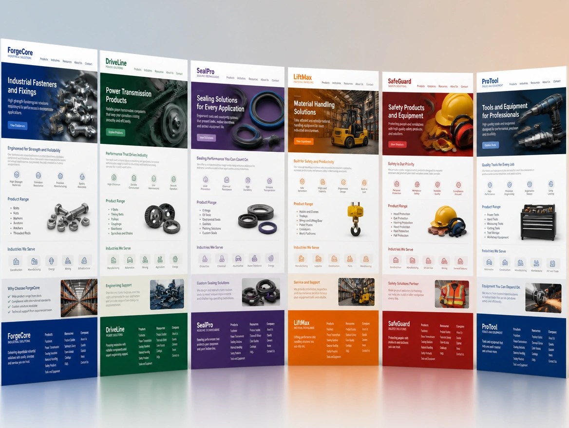 Six pages of an industrial supplier site fanned in a row, one per product category